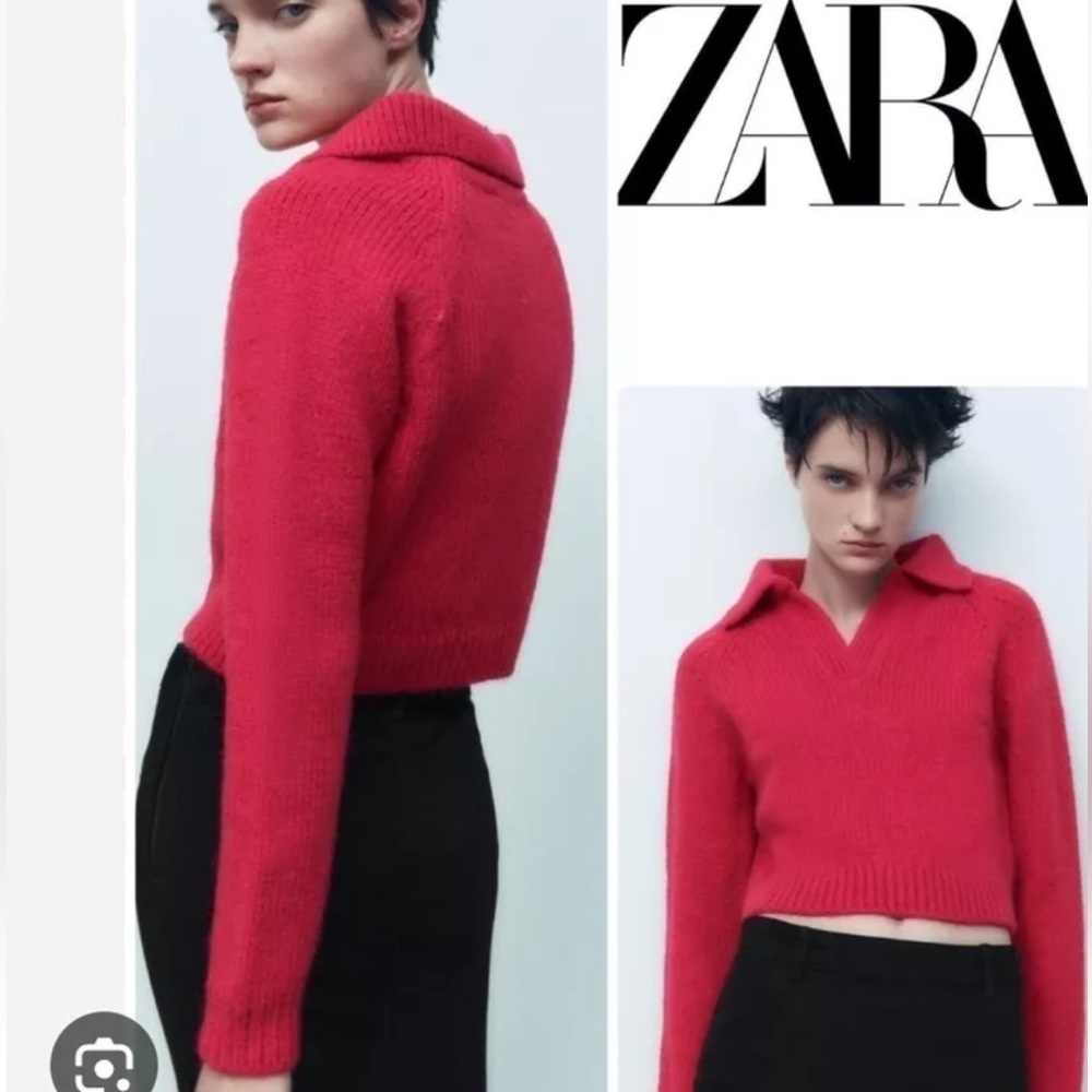 Zara Pink V-Neck Knit Cropped Sweater with Collar and Long Sleeves